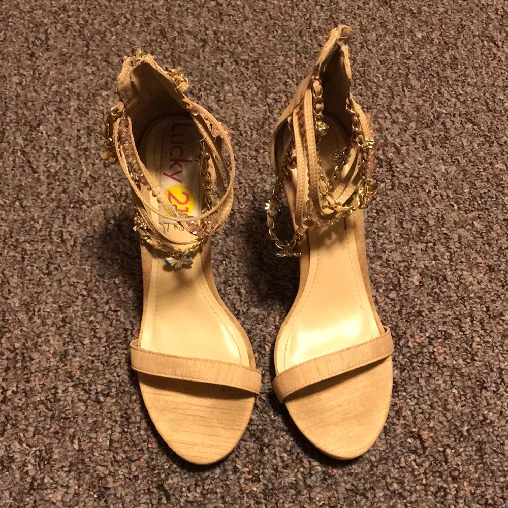 Tan butterfly jeweled heels